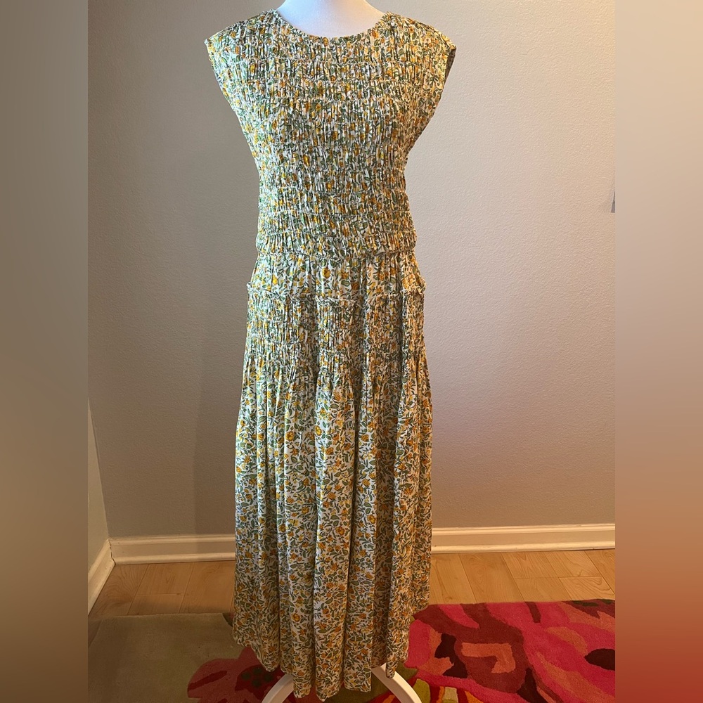 J. Crew Green and Cream Pleated Maxi Dress